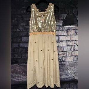 Lauren Moffatt Silk Sequin Leather Trim Dress Sz 10
